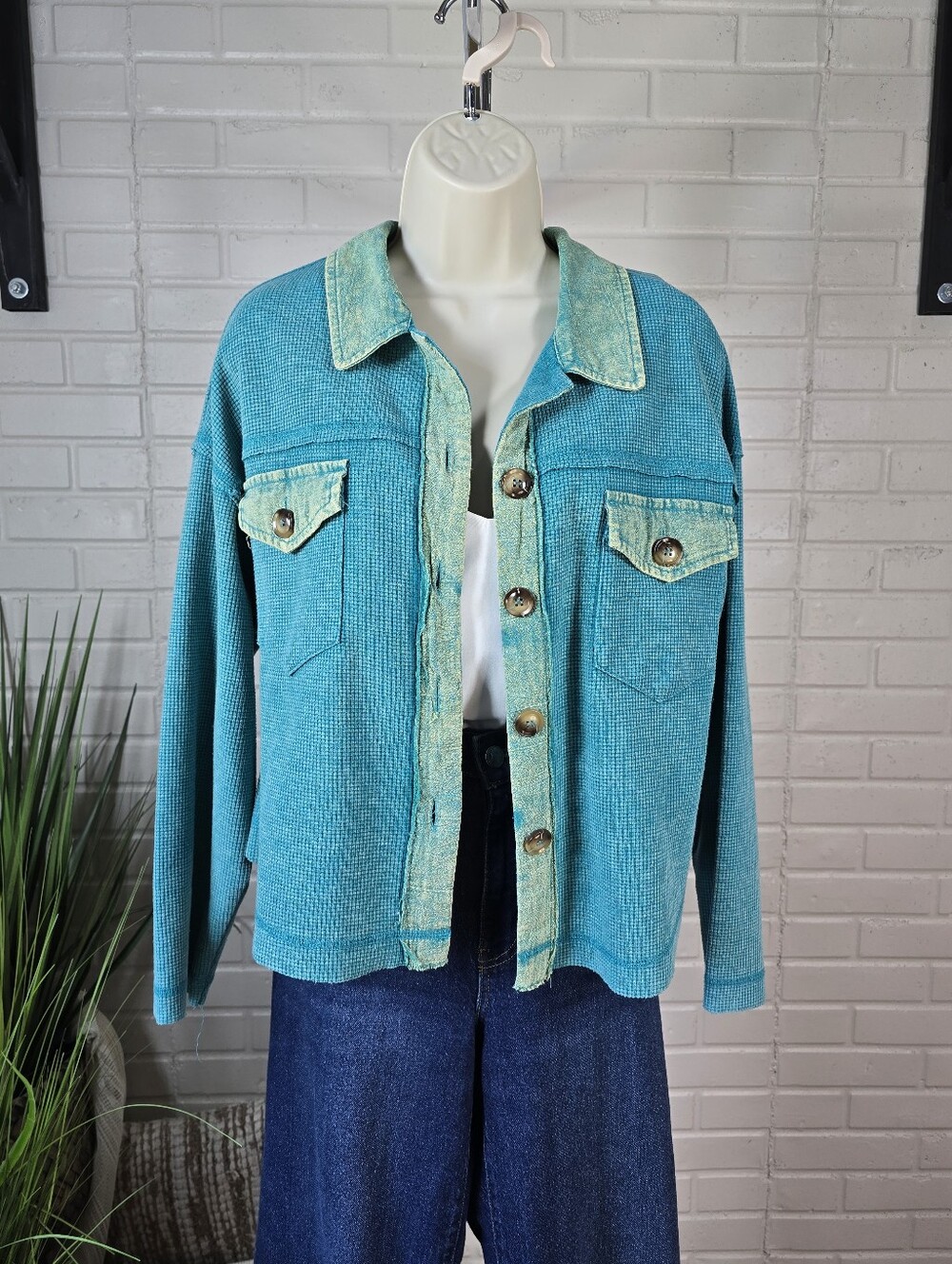 New In Teal Blue Waffle Knit Crop Shirt Jacket Oversized Small